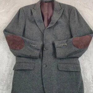 Banana Republic Herringbone Blazer Sports Coat 42L Grey Wool Blend Elbow Patches